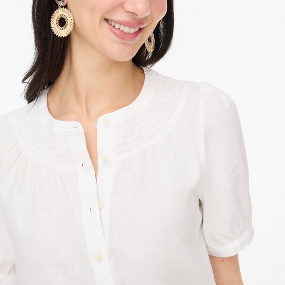 New JCREW Size L Linen Blend Short Sleeve Smock Neck Top in White $79 CI318 - Picture 3 of 5